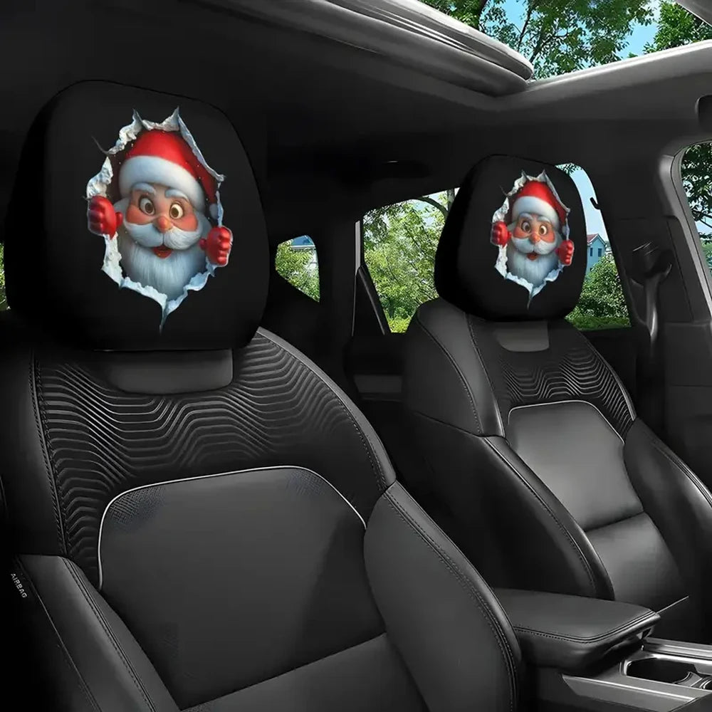 2PCS Funny Slanted Eyes Cartoon Print Car Headrest Cover for Halloween Christmas Holiday Automobile Interior Decoration