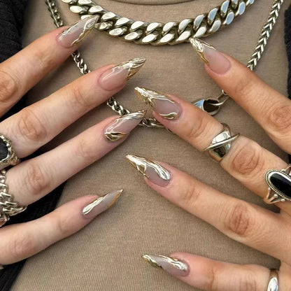 Punk 3D Gold Line & Silver Star Extra Long Pointed Fake Nails – Y2K Metal Halloween Press-on Manicure Set