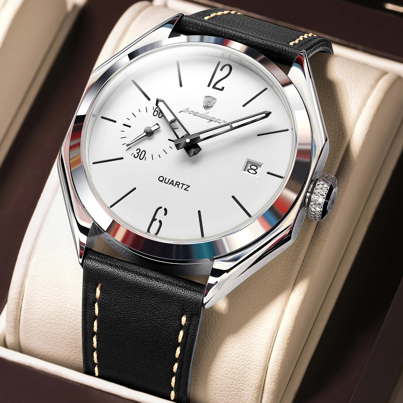 POEDAGAR Original Fashion Male Wristwatch Leather Quartz Business Men Watch Waterproof Luminous Date Elegant Men's Watches Reloj