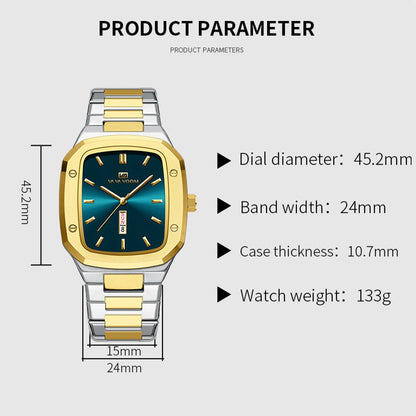 2024 New Men Watch Fashion Square Stainless Steel Strap Blue Gold 3Bar Quartz Week Calendar Simulated Business Sports WristWatch