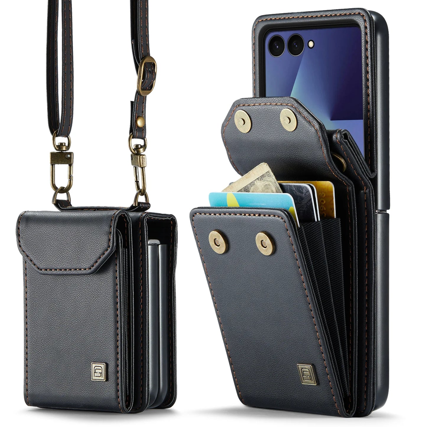Premium Leather Wallet Card Slots Case for Samsung Galaxy Z Flip7 Flip6 Flip5 Flip7FE Lanyard Crossbody Fashion Protective Cover