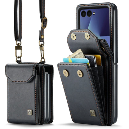 Premium Leather Wallet Card Slots Case for Samsung Galaxy Z Flip7 Flip6 Flip5 Flip7FE Lanyard Crossbody Fashion Protective Cover