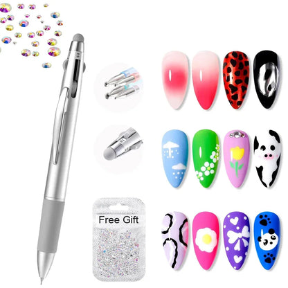 5-in-1 Nail Art Dotting Pen Press-Type Multi-Headed Size Nail Point Ballpoint Pen Wave Point/Smudge/Spot Drill Tool Manicure Pen