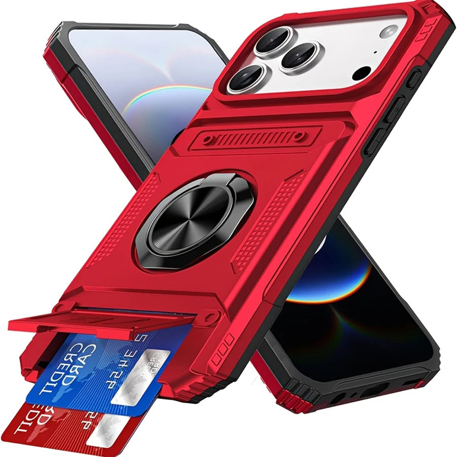 Rugged Armor Phone Case with Hidden Dual Card Slot & 360° Rotating Metal Ring Holder Kickstand, Shockproof Heavy-Duty Hard Shell with Raised Camera Protection, Compatible with iPhone 18/17 Pro Max/16/15/14/13/12/11/Plus/Aie