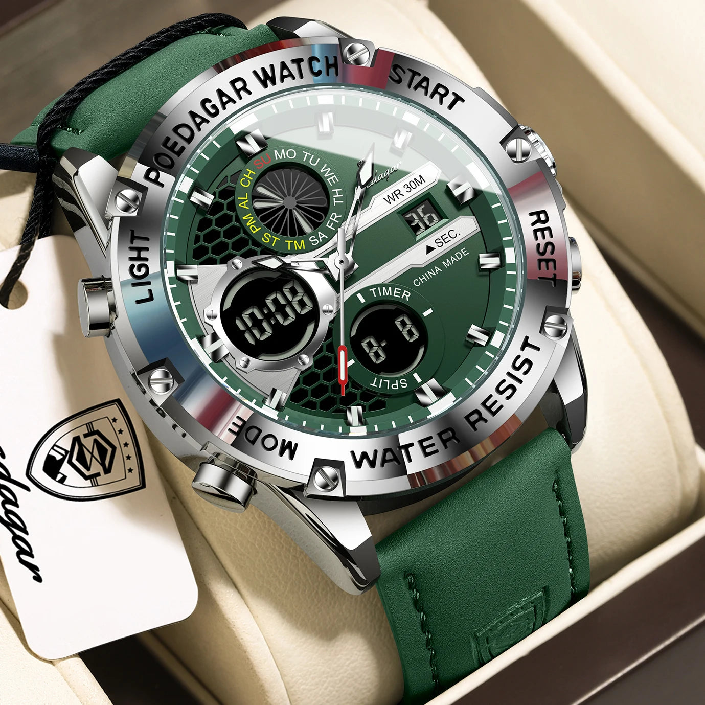 POEDAGAR Top Fashion Man Clock Waterproof Electronic LED Luxury Men's Watches Dual Time Display Digital Leather Men Quartz Watch