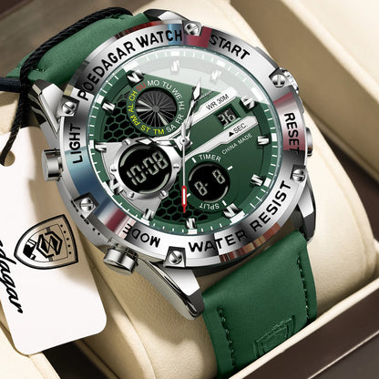 POEDAGAR Top Fashion Man Clock Waterproof Electronic LED Luxury Men's Watches Dual Time Display Digital Leather Men Quartz Watch