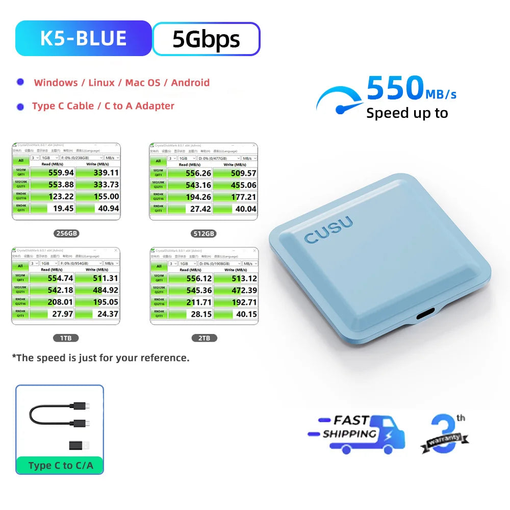 CUSU 1TB External SSD Drive 512GB Portable SSD 256GB 2TB Solid State Drive Type-C for Phone Laptop