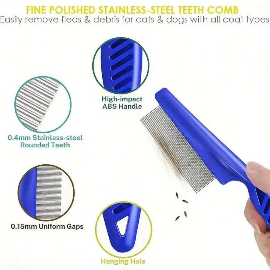 4 Pack Flea Lice Comb, Stainless Steel Dog Cat Grooming Combs with Rounded Teeth, Double Sided Professional Pet Tear Stain Remover - Urbizia