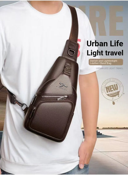 Minimalist Men's Sling Chest Bag, Pu Leather Small Crossbody Bag Ultra-Light Daypack Black/Brown Travel Chest Pack for Men