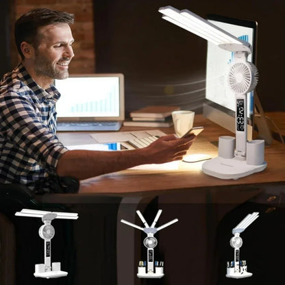 3 Color LED Table Lamp with Fan And Clock Four Headed Folding USB Charging Multifunction Desk Lamp for Reading Night Light - Urbizia