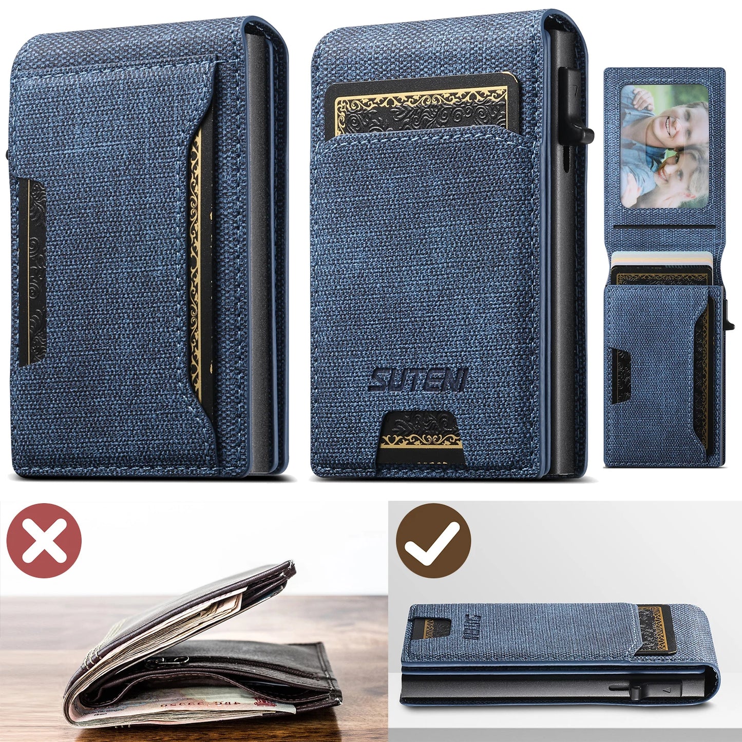 Push-out Card High Quality Faux Leather Card Holder Wallet Holder Large Capacity Can Hold 1-12 Cards 1 Photo Black/Brown/Blue