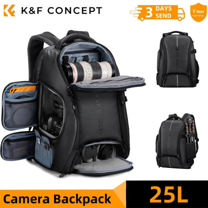 K&F CONCEPT 25L Camera Backpack Waterproof Sony Camera Bag for DSLR/SLR Camera Case with Tripod Strap Rain Cover for 15" Laptop