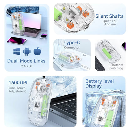 Bluetooth Mouse 2.4G Wireless Mouse Dual-Mode Transparent Mouse 1600 DPI Silent Mouse Rechargeable Mice for PC Laptop Macbook