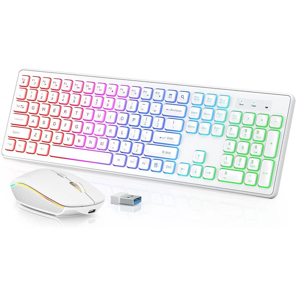 Backlit Wireless Keyboard and Mouse,Quiet Light Up Keys, Tilt Legs, Rechargeable USB Cordless Combo for Computer, PC, Laptop