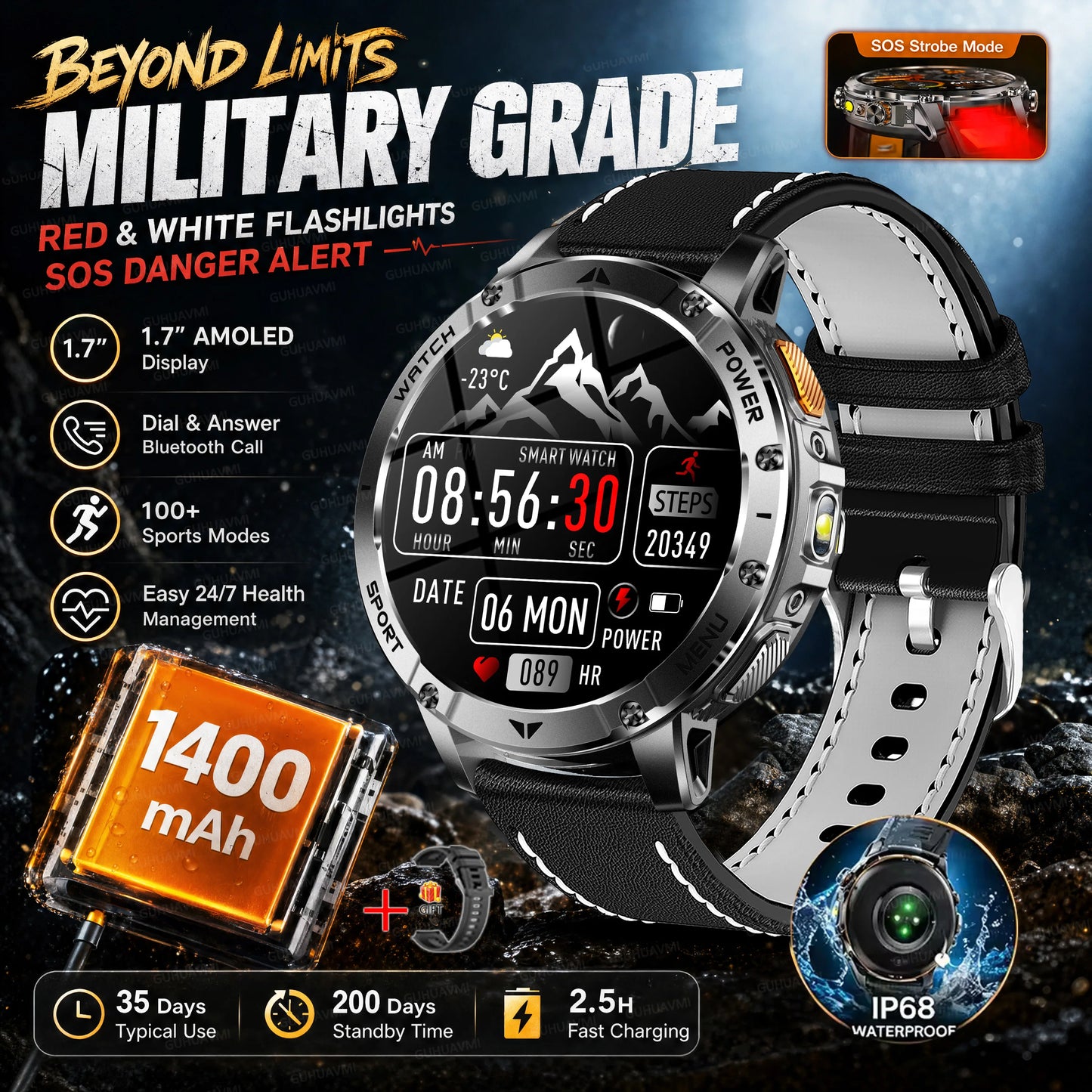 2026 New Military Outdoor Smart Watch Men 10ATM Waterproof Diving Heart Rate Monitor LED Flashlight Bluetooth Call Fitness Watch