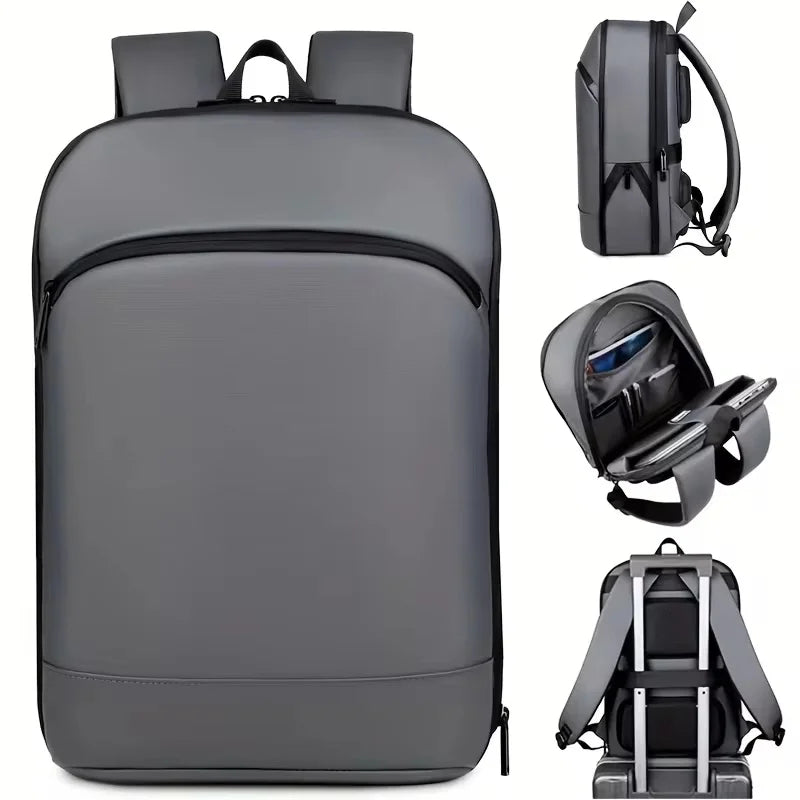 Durable minimalist backpack for men, designed for commuters with integrated luggage strap