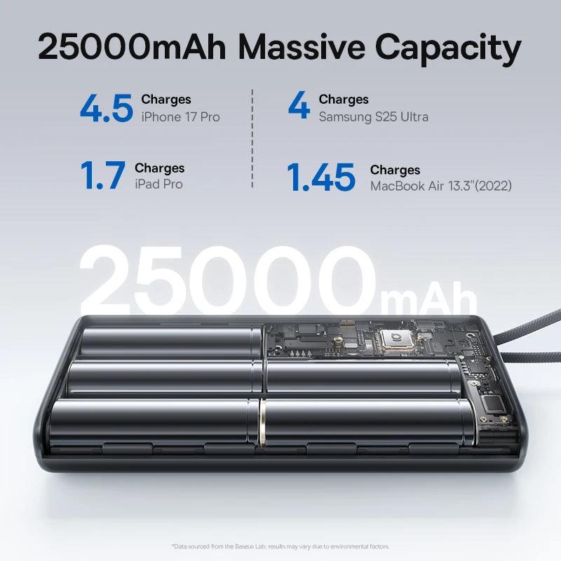 Baseus 145W Power Bank 25000mAh Fast Charging Built-In Type-C Cable Portable Battery Charger for iPhone Samsung MacBook Tablet