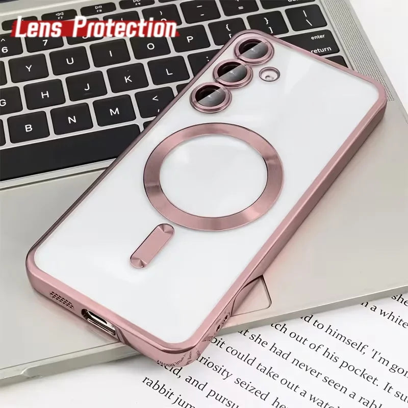 Luxury for Magsafe Magnetic wireless charge Case for Samsung Galaxy S26 S25 S24 S23 S22 Ultra S21 FE Plating Clear Soft Cover