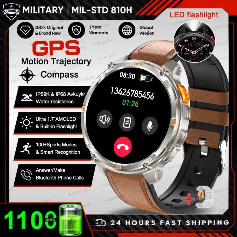 Men 1100mAh Ultra Durable Battery Smart Watch GPS Compass IP69K Waterproof BT Call 100+ Sport Mode Flashlight Sports Smartwatch - Urbizia