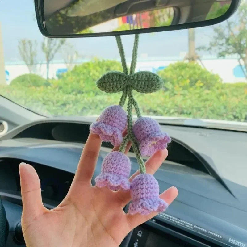 Lily Handmade Crochet Car Pendant Decoration Bluebell Flower Rearview Mirror of The Car Hanging Keychain Accessories Woman Gift - Urbizia