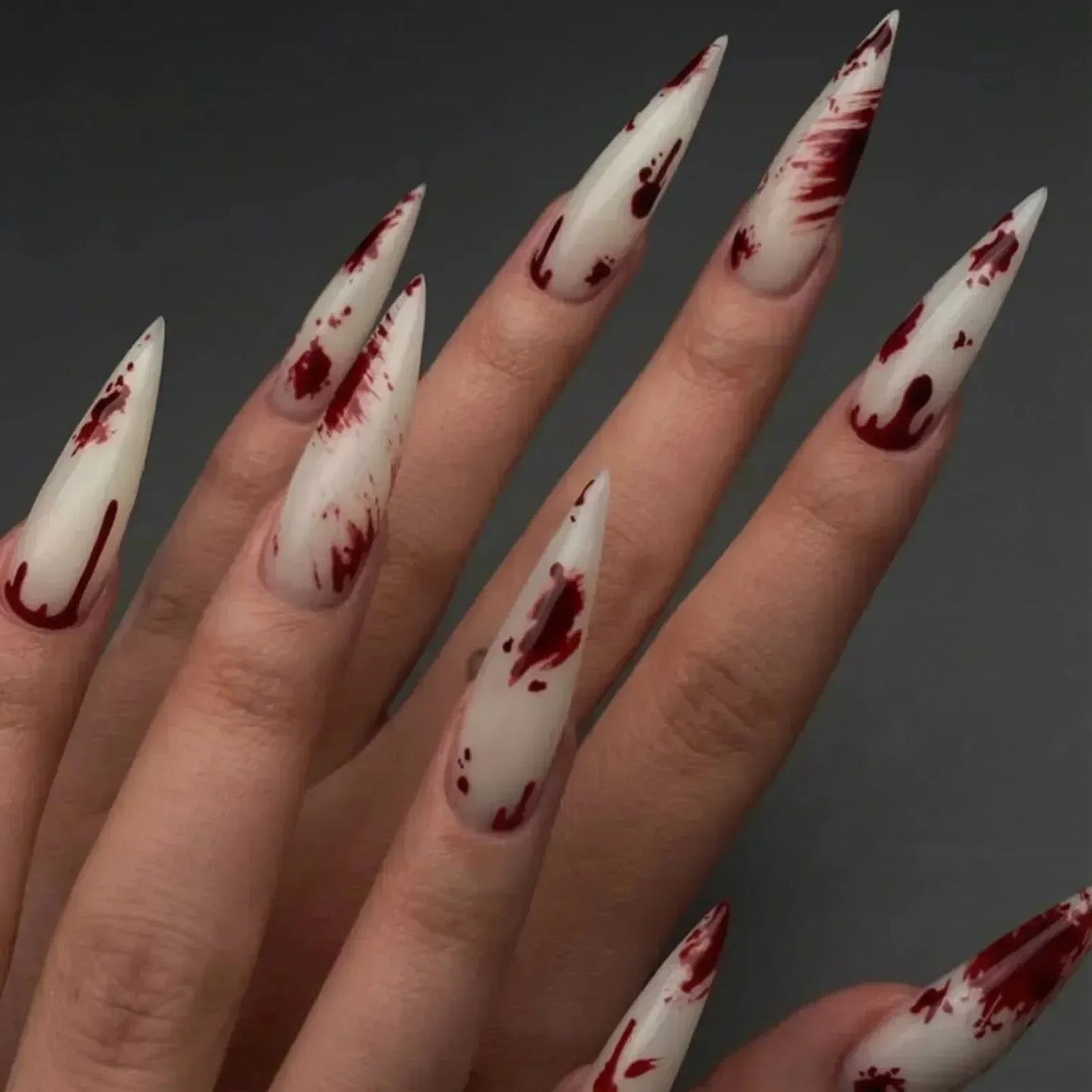 24Pcs Blood Splatter Almond Press-on Nails – Long Glossy Red & White Halloween Fake Nail Kit