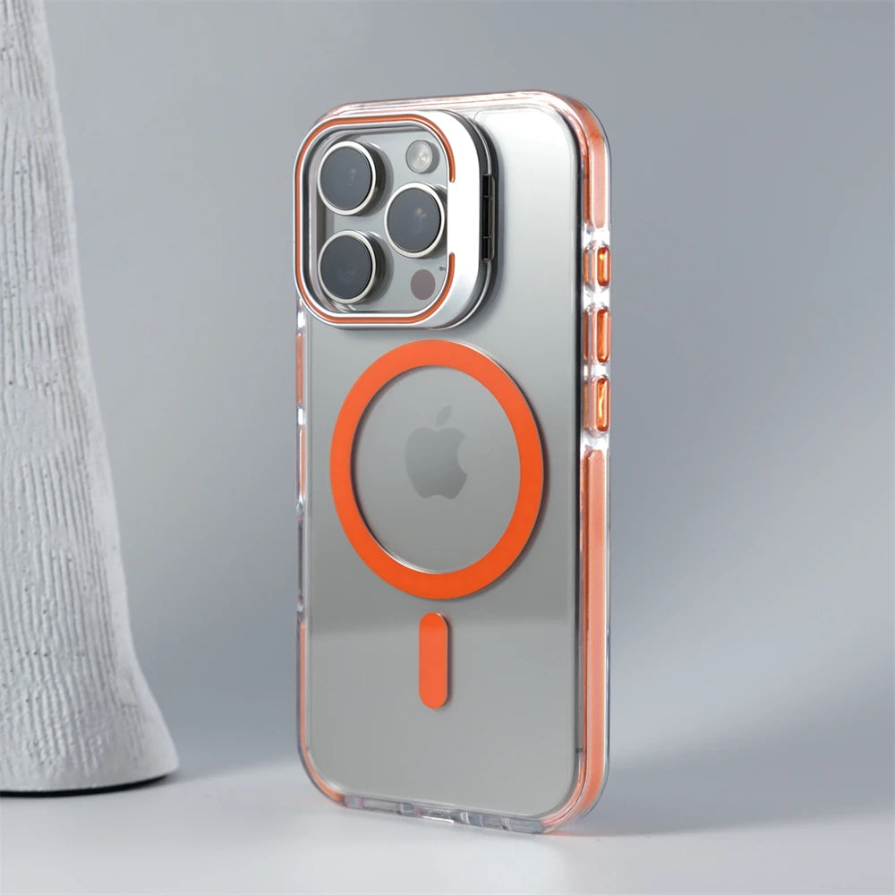 Luxury Lens Holder Shockproof Magnetic Case For iPhone 16 15 14 Plus 13 12 17 Pro Max 17Air 16e Magsafe Fashion Clear Cover