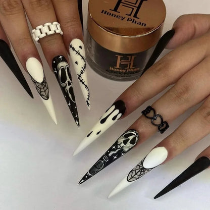 24Pcs Glitter Pink Sequins Fake Nails – Halloween Skull & Love Print Ballet Press-on Nails