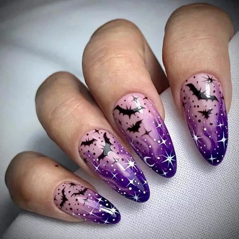 24Pcs Halloween Spider Print False Nails – Gothic Short Round Press-on Nail Tips for Women