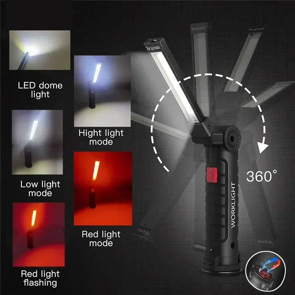COB LED Folding Flashlight Portable Magnetic Work Light Lantern USB Rechargeable Emergency Repair Camping Torch Lamp With Hook - Urbizia