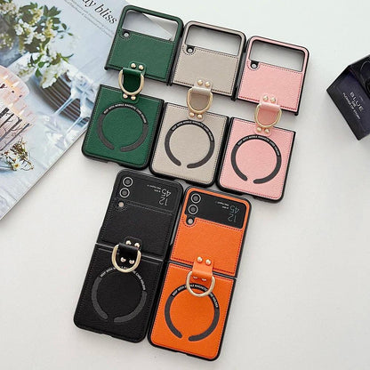 PU Leather Phone Cover for Samsung Galaxy Z Flip 7 FE 6 5 4 3 Case with Ring Holder for Magsafe Magnetic Wireless Charge Flip6
