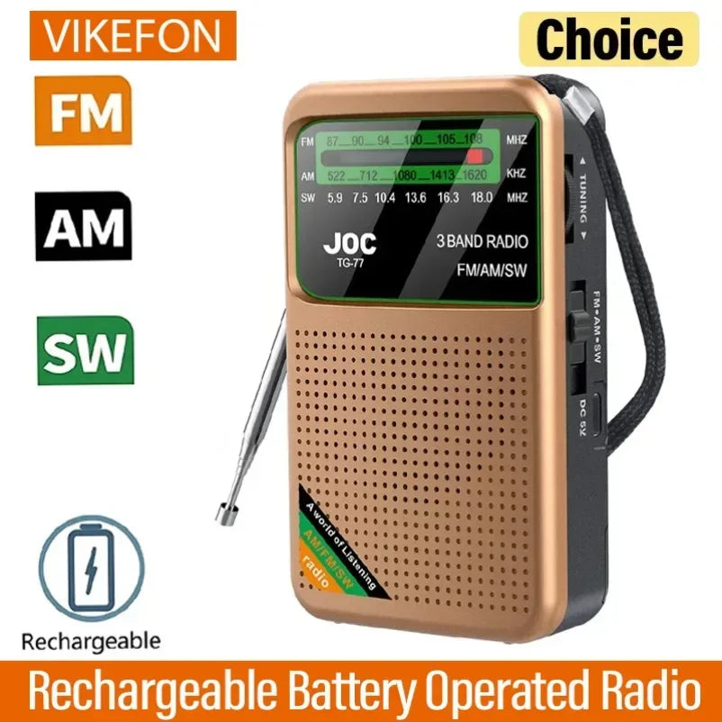 Battery Operated Radio FM AM SW Radio Built-in Speaker Pointer Pocket Radio Type-C Rechargeable with HD Display Screen for Elder - Urbizia