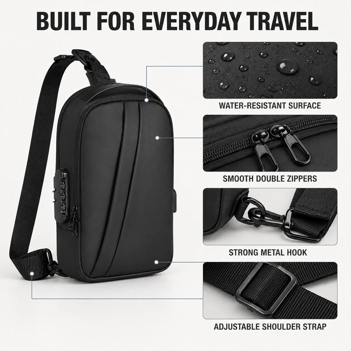 Men Anti Theft Sling Backpack with Combination Lock USB Port, Water Resistant Crossbody Chest Bag for Travel and Commuting