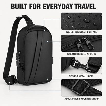 Men Anti Theft Sling Backpack with Combination Lock USB Port, Water Resistant Crossbody Chest Bag for Travel and Commuting