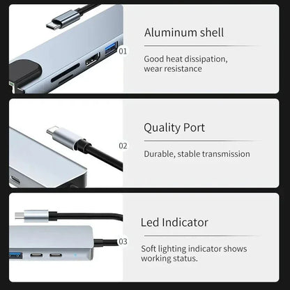 8-in-1 USB-C Hub 4K HDMI Docking Station with RJ45 & Card Reader