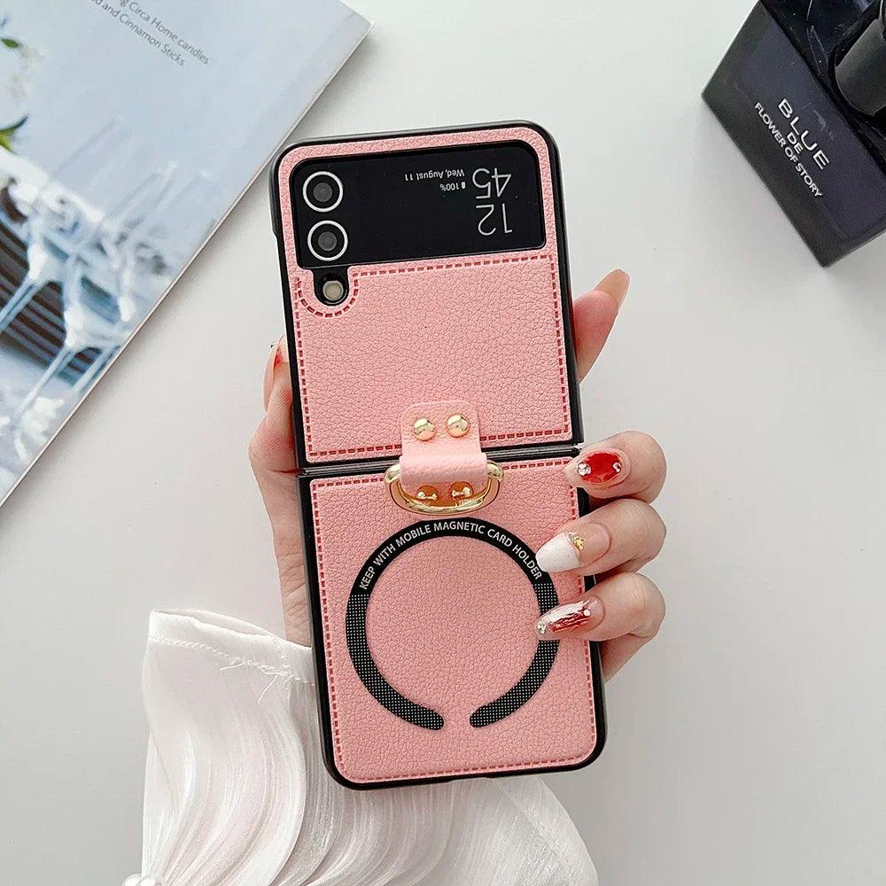 PU Leather Phone Cover for Samsung Galaxy Z Flip 7 FE 6 5 4 3 Case with Ring Holder for Magsafe Magnetic Wireless Charge Flip6