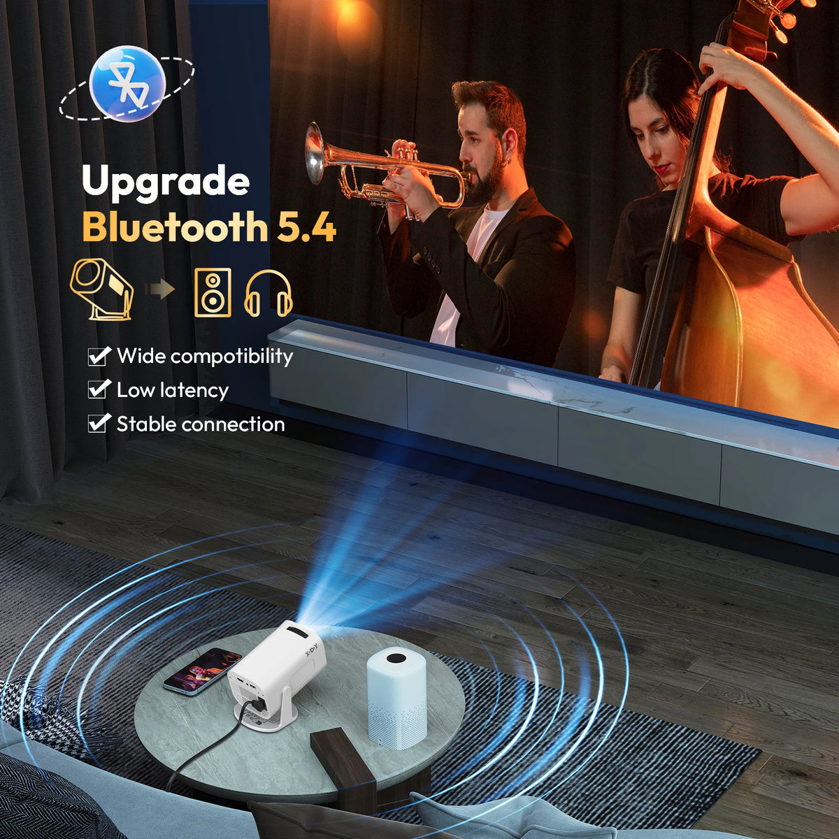 XGODY Gimbal 3 Pro Mini Smart Projector, 300 ANSI, Native 720P, Android 11, WiFi 6 & BT 5.4, Auto Keystone Correction, Wireless Screen Mirroring, 20-120 Inch HD Home Theater Projector for Bedroom Movies Gaming, Support HDMI U