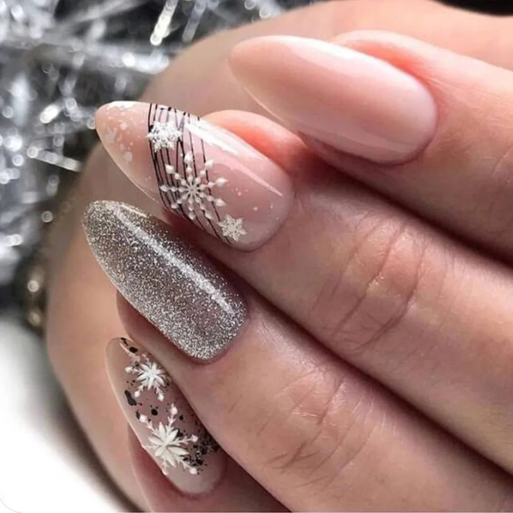 24Pcs Glitter Pink Sequins Fake Nails – Halloween Skull & Love Print Ballet Press-on Nails