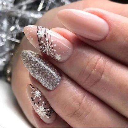 24Pcs Glitter Pink Sequins Fake Nails – Halloween Skull & Love Print Ballet Press-on Nails