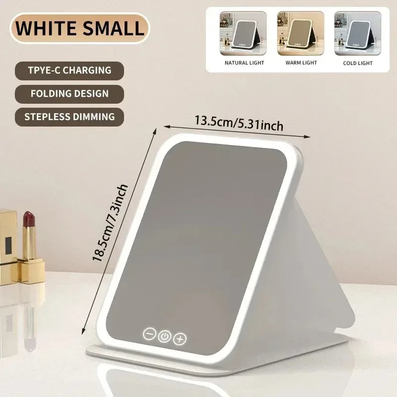 USB Rechargeable 3 Colors LED Makeup Mirror Pocket Mirror Touch Dimmable 3 Brightness Foldable for Travel Office Home - Urbizia