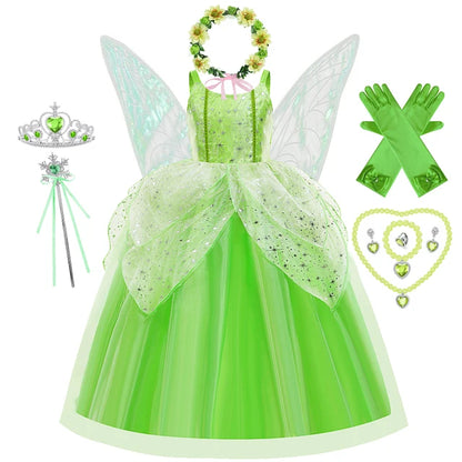Girls Flower Fairy Dress – Kids Princess Costume with Wings, Halloween & Party Tinkerbell Dress