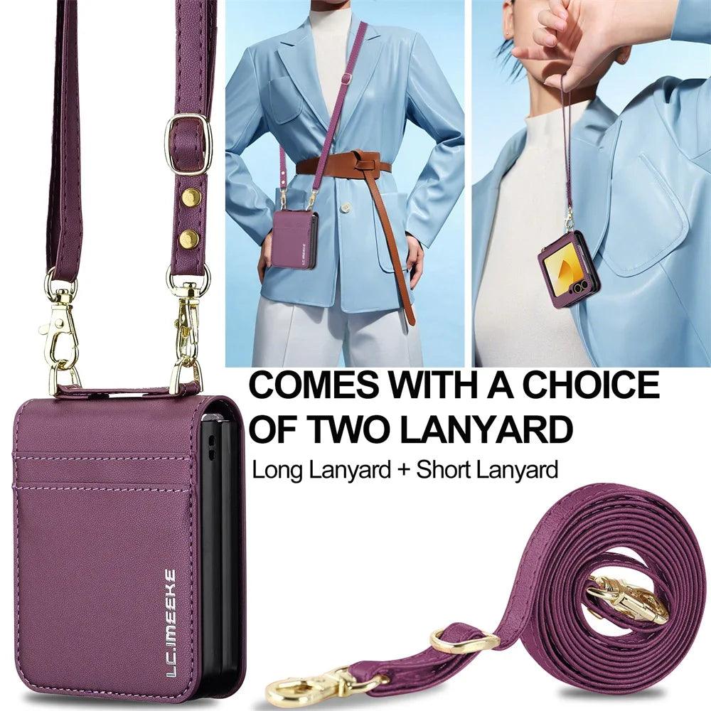 Wallet Crossbody Phone Case For Samsung Galaxy Z Flip 7 FE 6 5 4 3 Flip6 Flip7 5G with Card Holder Wrist Strap Lanyard Leather