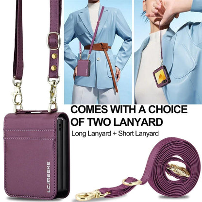 Wallet Crossbody Phone Case For Samsung Galaxy Z Flip 7 FE 6 5 4 3 Flip6 Flip7 5G with Card Holder Wrist Strap Lanyard Leather