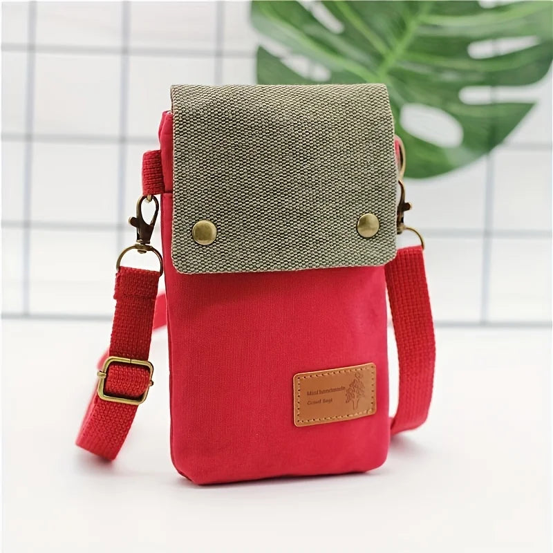 Solid Color Canvas 3 Layer Crossbody Cell Phone Bag Simple Cloth Women's Bag Fashion Satchel Shoulder Coin Purse