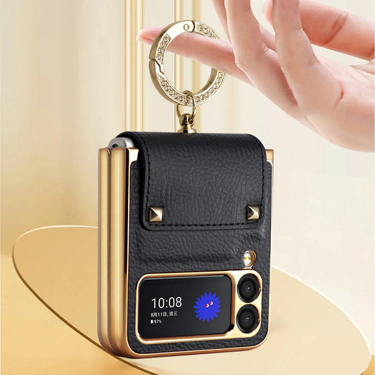Z Flip6 Flip4 Flip5 plating PC Ring Holder Orange Leather mobile phone case for samsung galaxy Z Flip 7 5 Z flip4 5 cover case