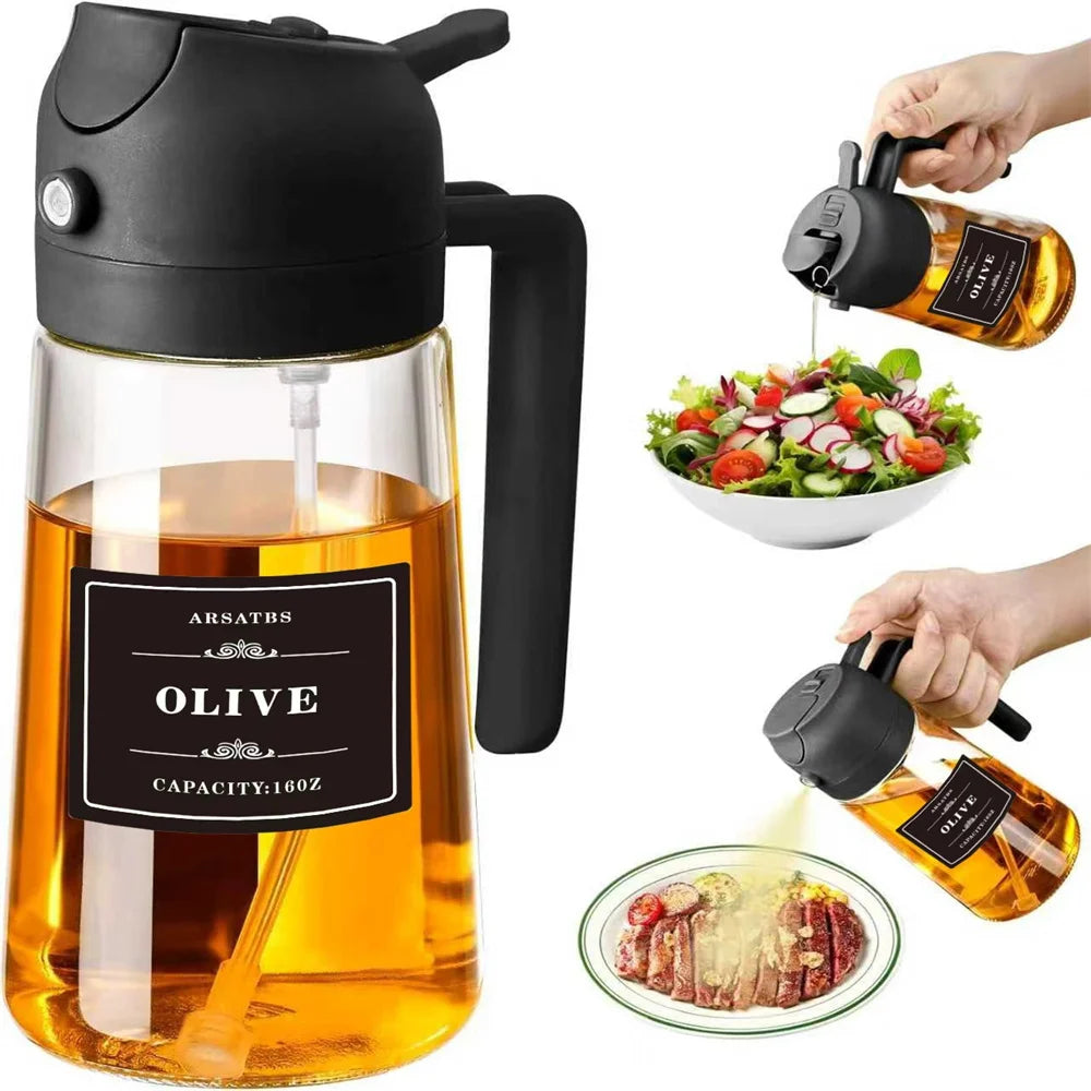 Oil Sprayer for Cooking, Kitchen 2 in 1 Spray and Pour Olive Oil Dispenser with Stickers,470ML Glass Oil Spray Bottle
