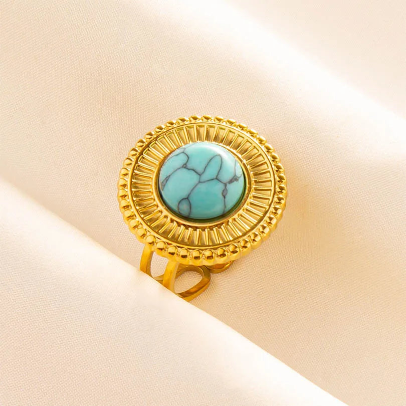 Turquoise Finger Jewelry Long Oval Sun Heart Water Drop Stainless Steel Rings For Women Men Accessories Gold Plated Open Anillos