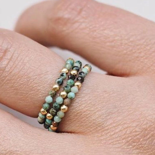Vlen Natural stone Ring Turquoise Beaded Elegant Women's Handmade Finger Jewelry Elastic Rings Gift for Her