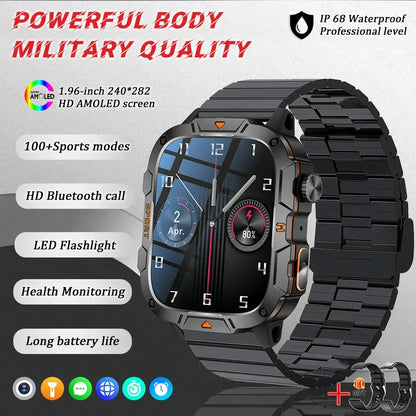 2025 New Military Grade Smart Watch Men 1.96" AMOLED Screen 5ATM Waterproof Simming Sports Fitness Tracker BT Call Smartwatches - Urbizia