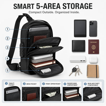 Men Anti Theft Sling Backpack with Combination Lock USB Port, Water Resistant Crossbody Chest Bag for Travel and Commuting