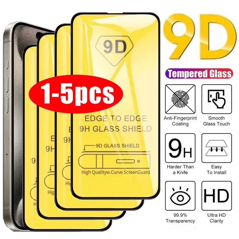 9D Protector  Screen 1-5PCS Tempered Glass For iPhone X XR XS Max 11 12 13 14 15 16 17 Pro Max 14   Mini Plus Protective Cover